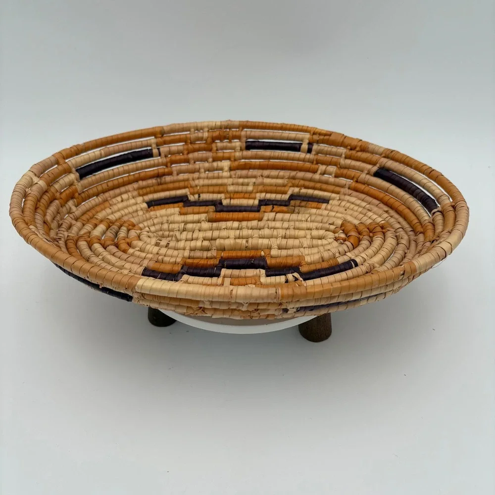 Vtg Handwoven Oval Butterfly Bowl Basket Rustic Earth Tone Boho